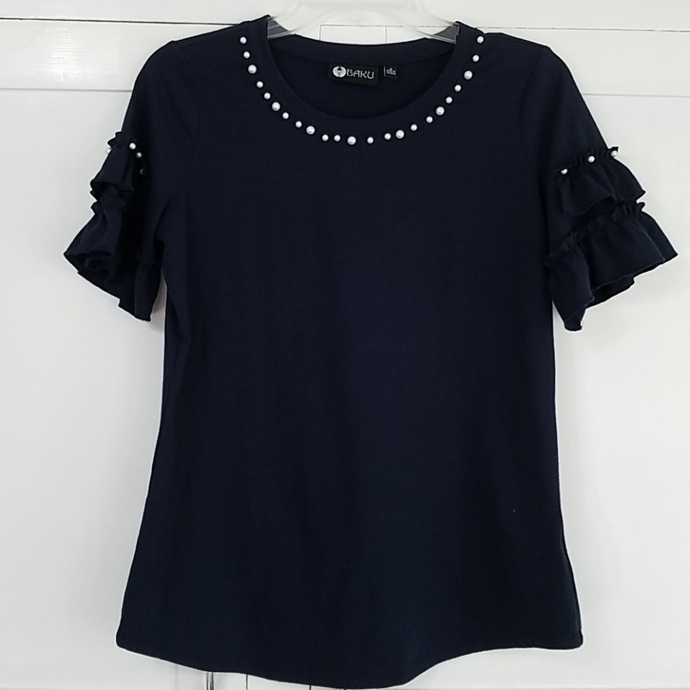 Baku Pearl and Ruffle Detail Short Sleeve Top, Navy, S